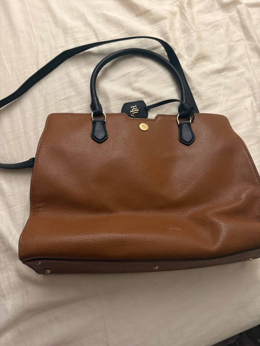 Ralph Lauren Tan Leather Tote with Black Handles